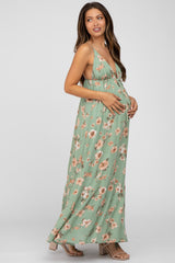 Green Floral Front Tie Ruffle Hem Maternity Maxi Dress