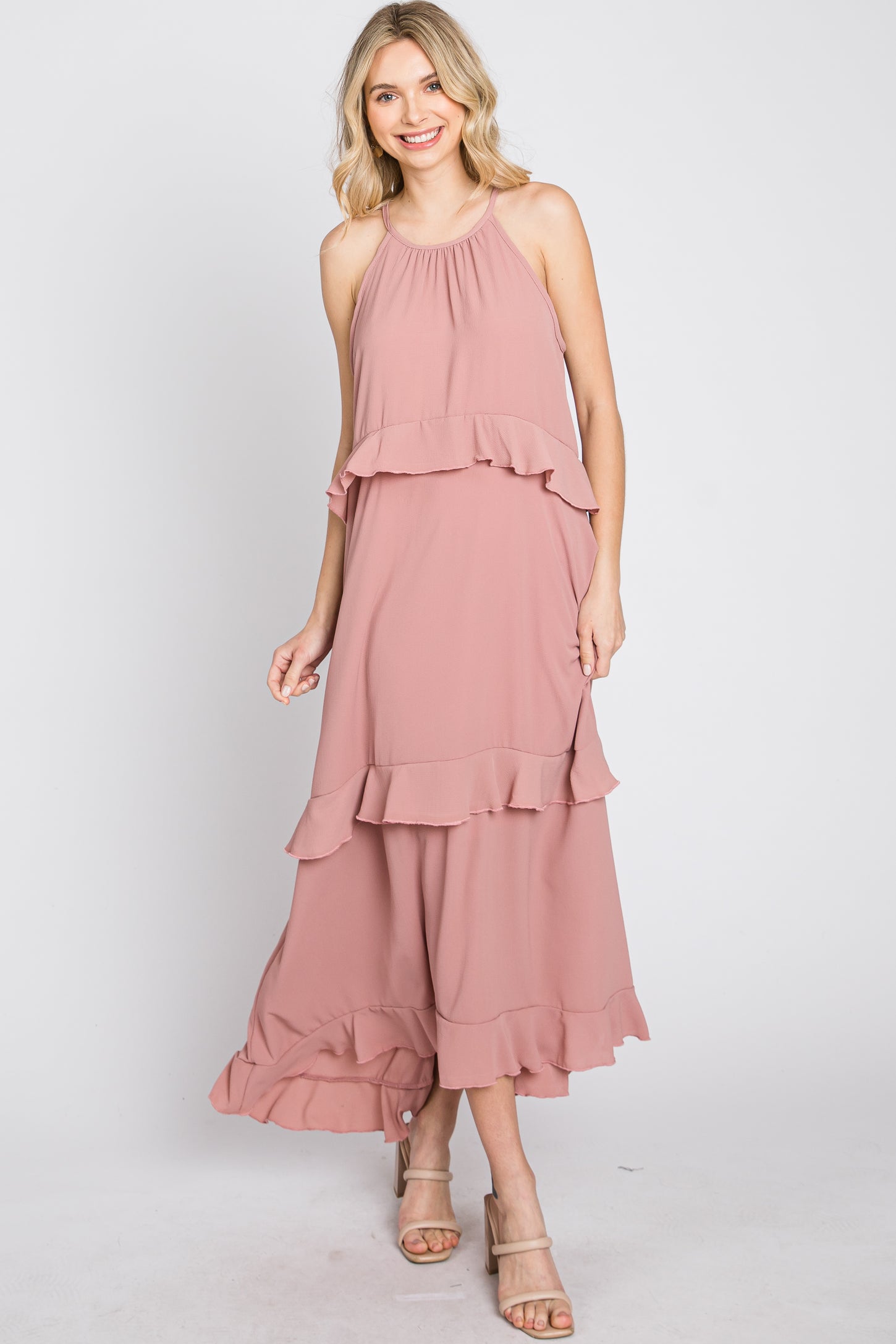Pink Halter Neck Ruffle Accent Maxi Dress
