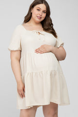 Ivory Textured Tiered Maternity Plus Dress
