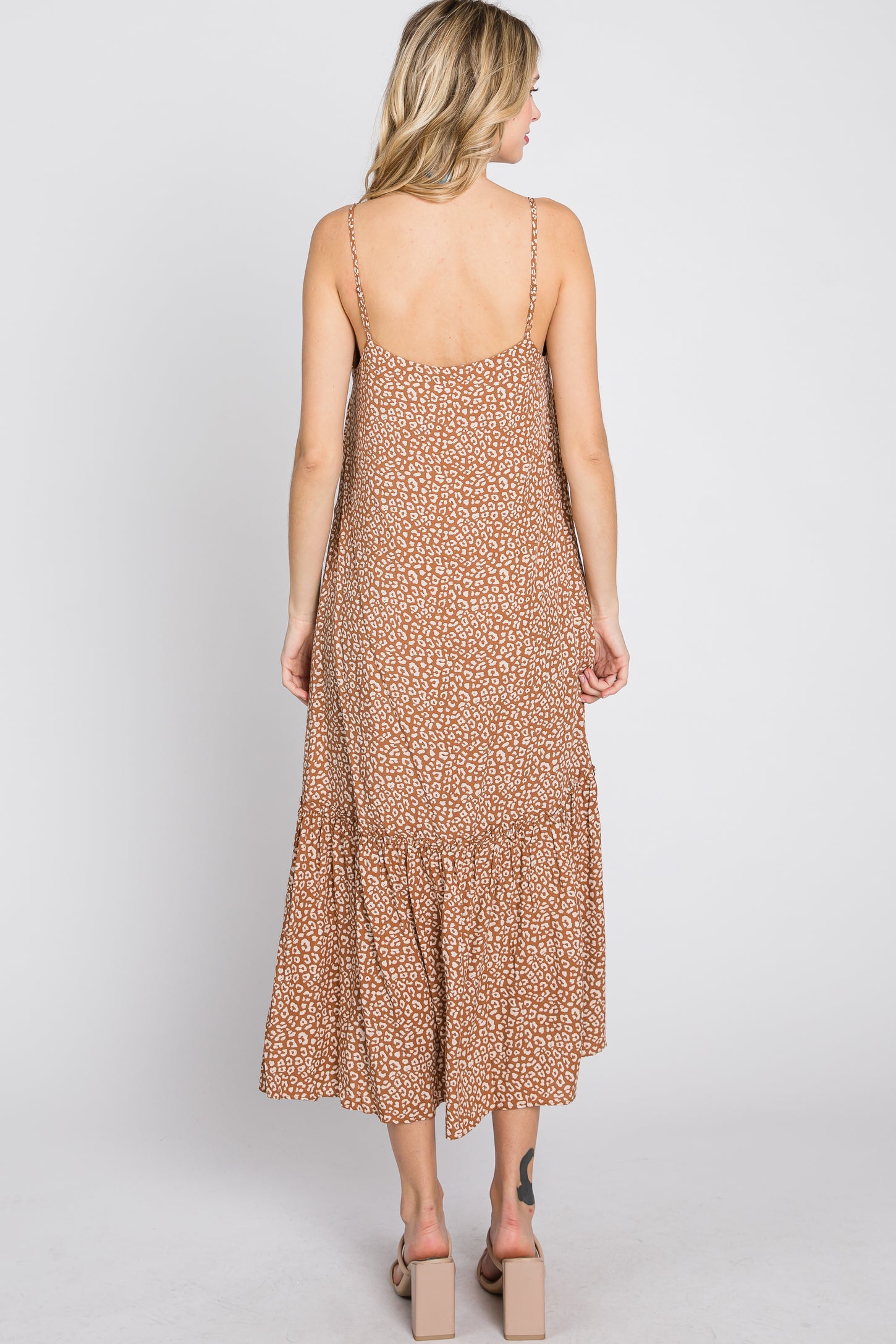 Camel Animal Print Ruffle Hem Midi Dress