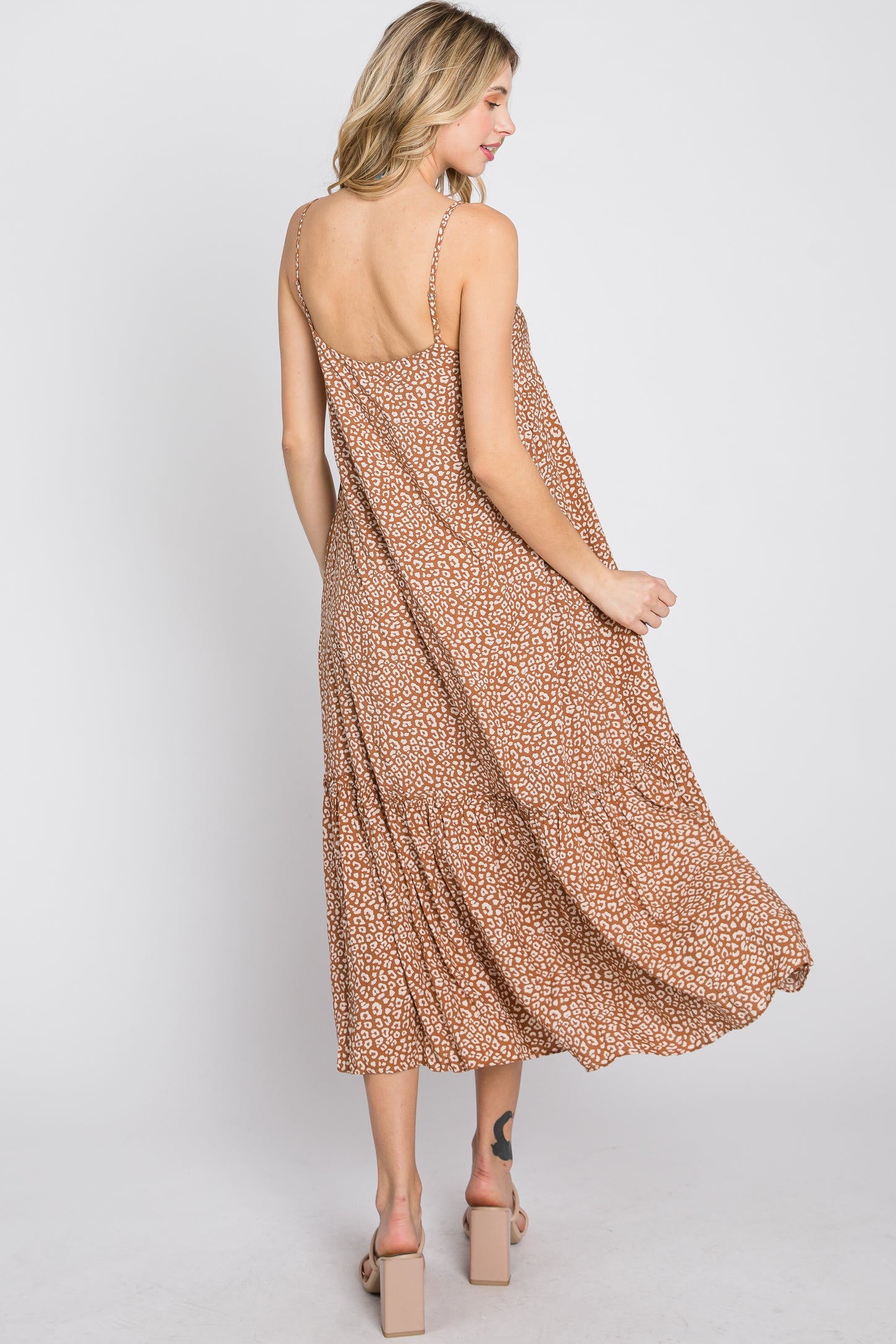 Camel Animal Print Ruffle Hem Midi Dress