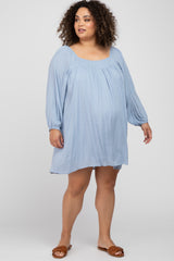 Light Blue Textured Dot Square Neck Maternity Plus Dress