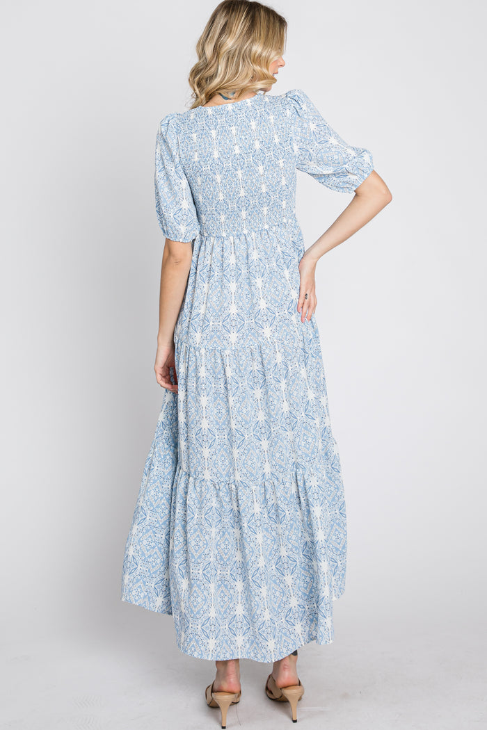 Blue Paisley Print Smocked Tiered Maxi Dress