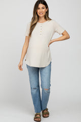 Beige Button Down Short Sleeve Maternity Top