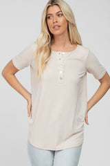 Beige Button Down Short Sleeve Maternity Top