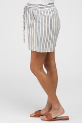 Navy Blue Striped Linen Drawstring Maternity Shorts