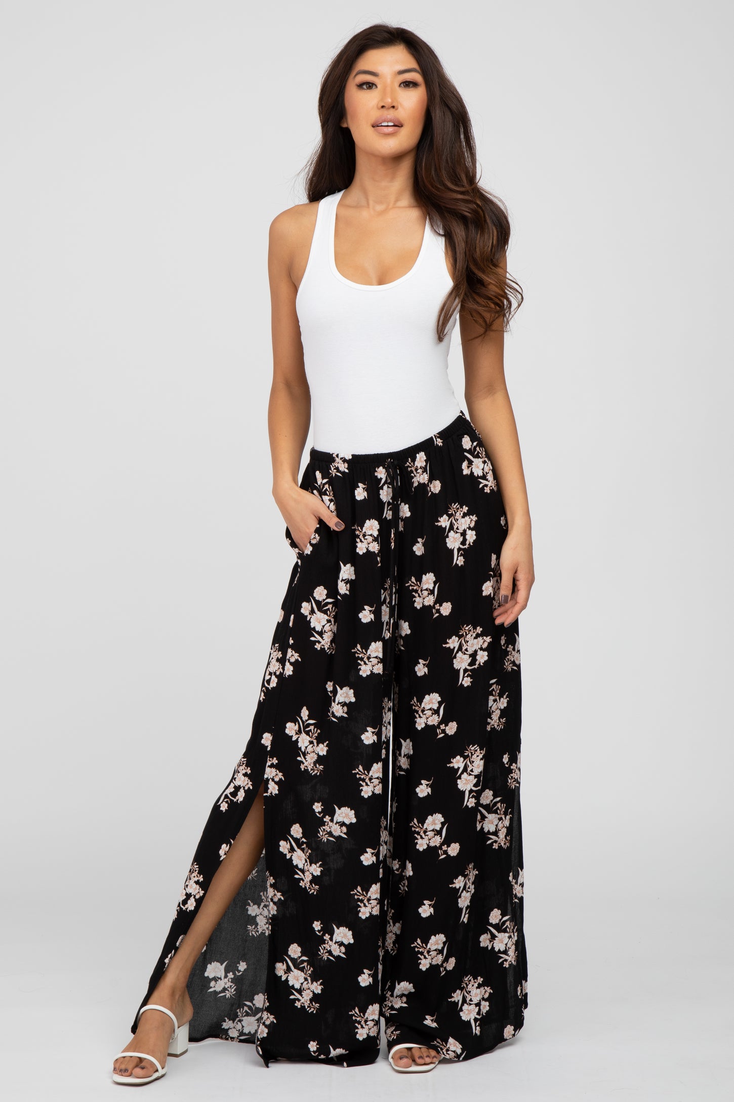 Black Floral Split Hem Maternity Pants