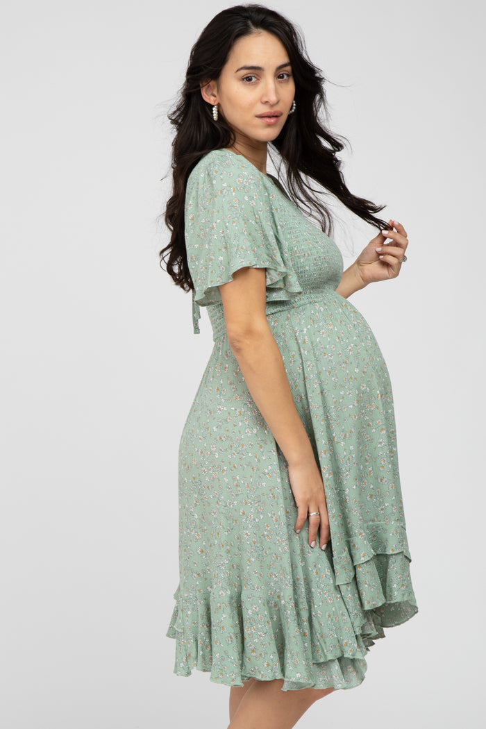 Light Olive Floral Smocked Ruffle Maternity Dress