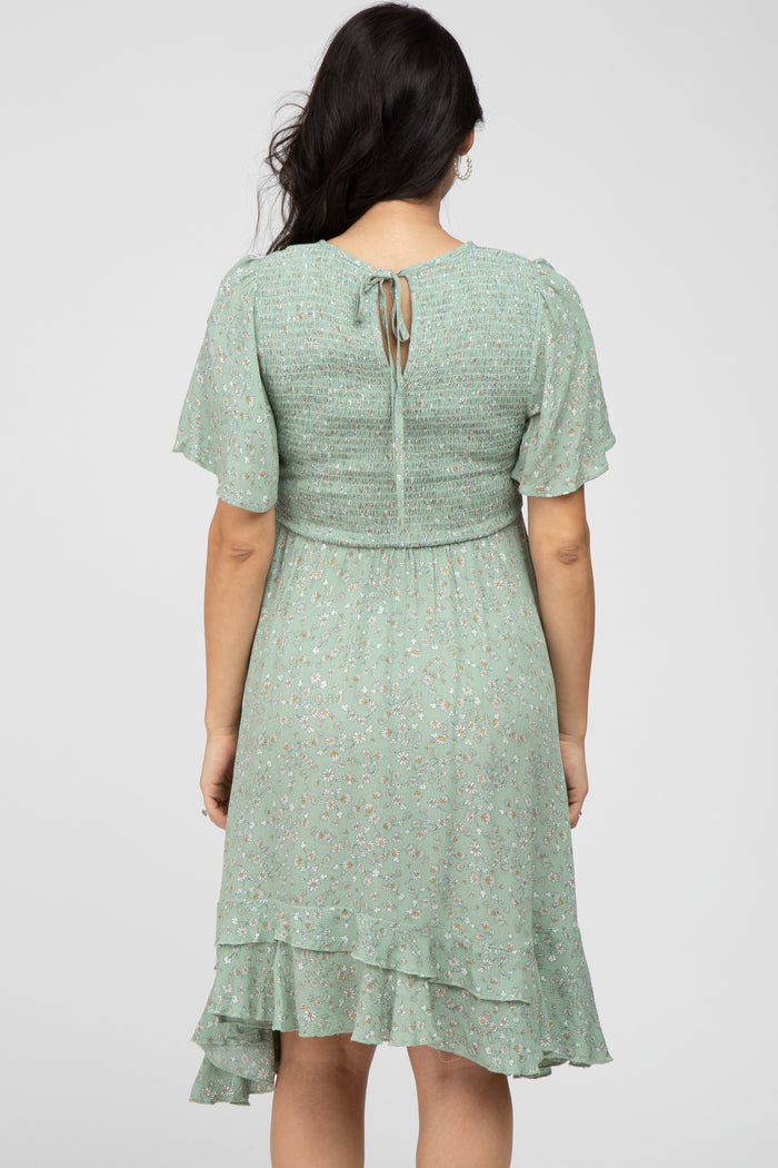 Light Olive Floral Smocked Ruffle Maternity Dress