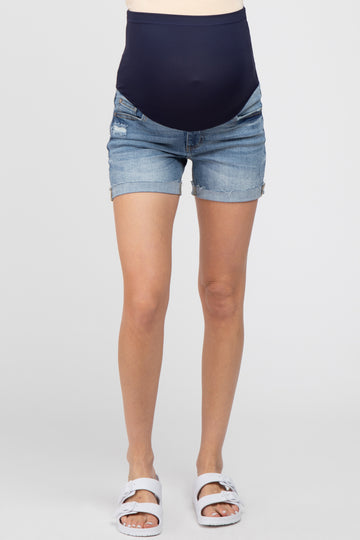 Blue Distressed Cuff Maternity Jean Shorts