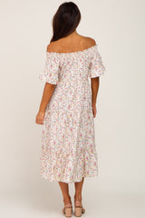 Cream Floral Off Shoulder Tiered Midi Dress