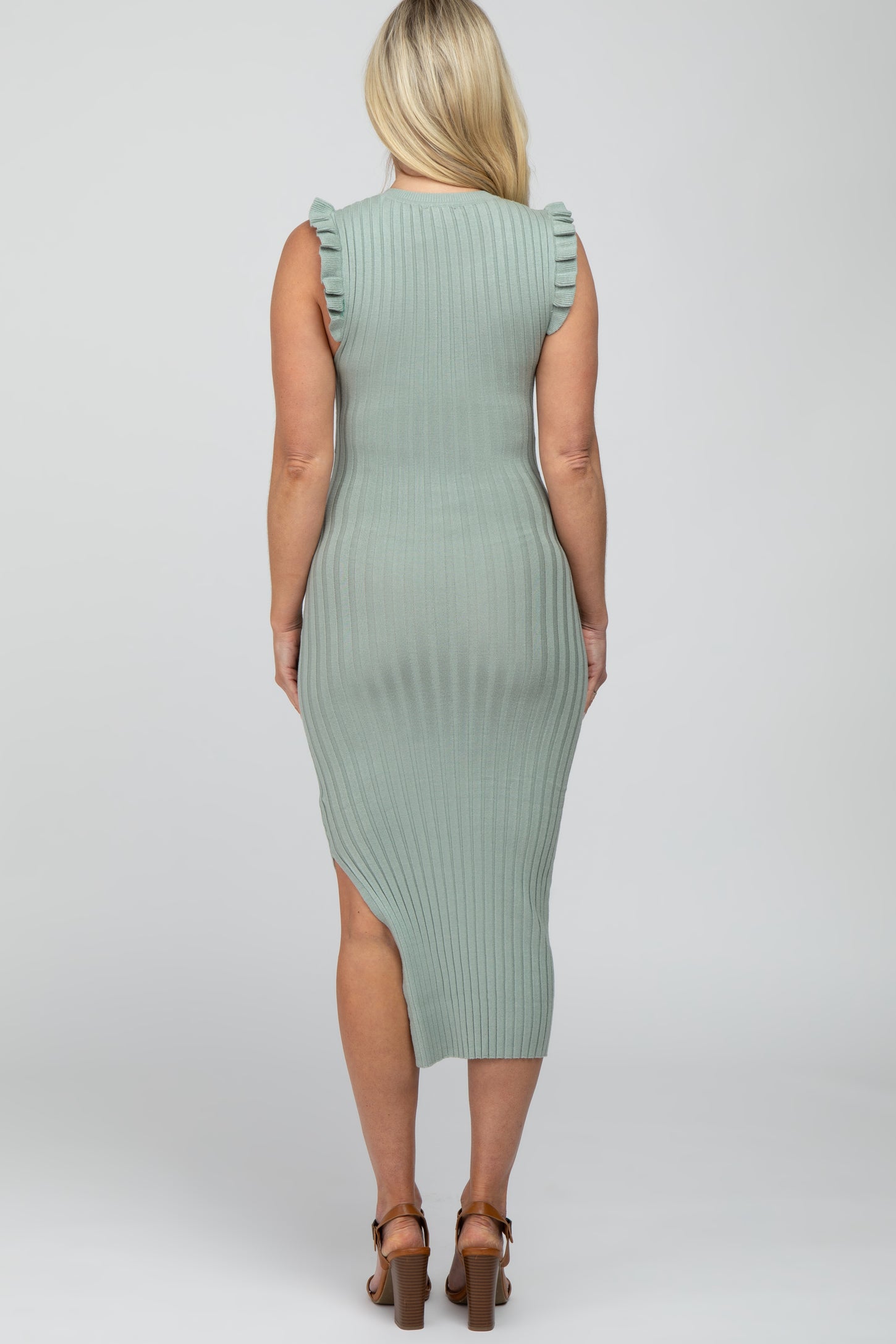 Mint Green Ribbed Flutter Accent Maternity Midi Dress