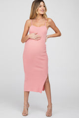 Pink Ribbed Square Neck Side Slit Maternity Midi Dress
