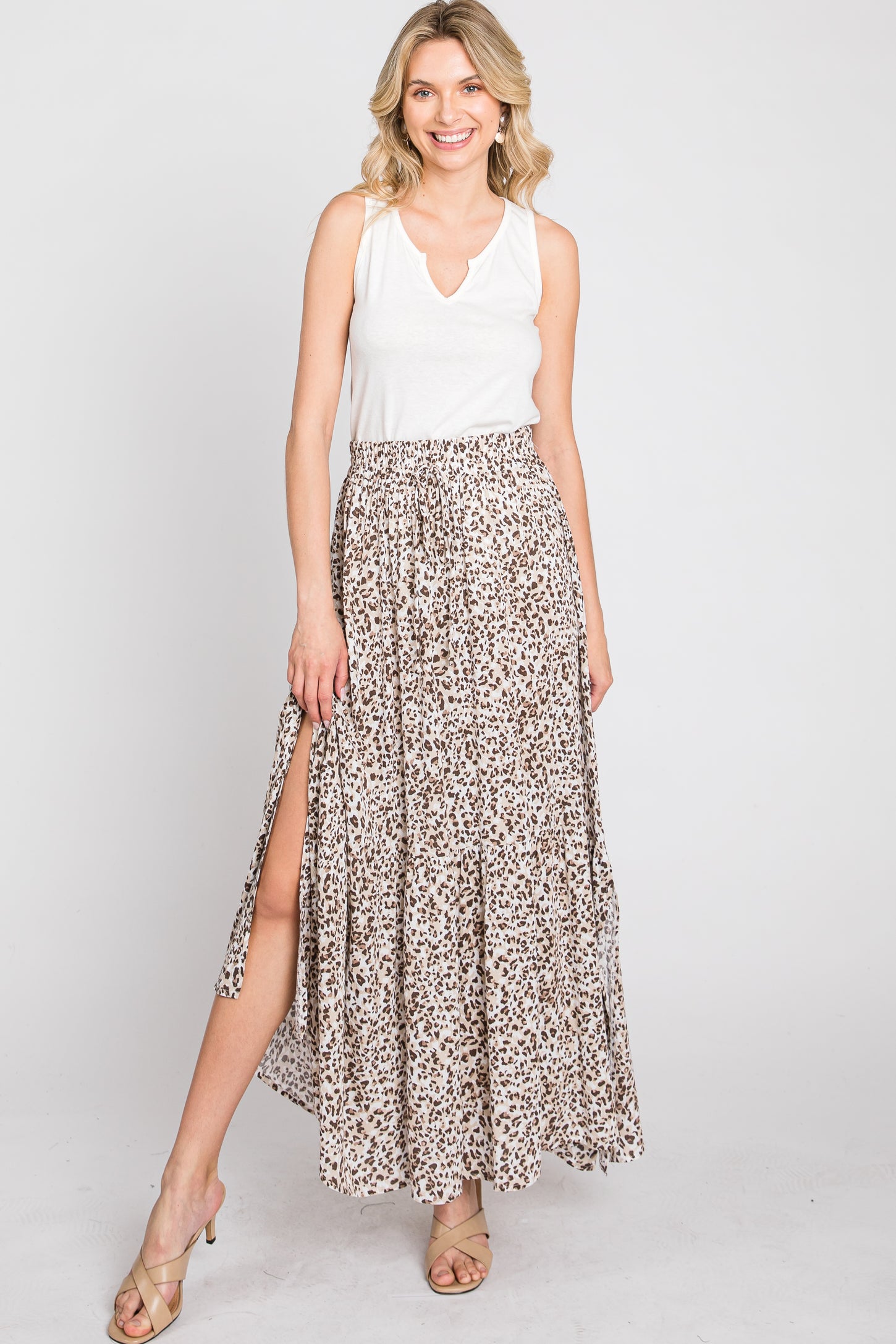 Cream Animal Print Tie Front Maxi Skirt