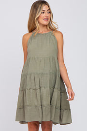Olive Textured Halter Ruffle Tiered Maternity Dress