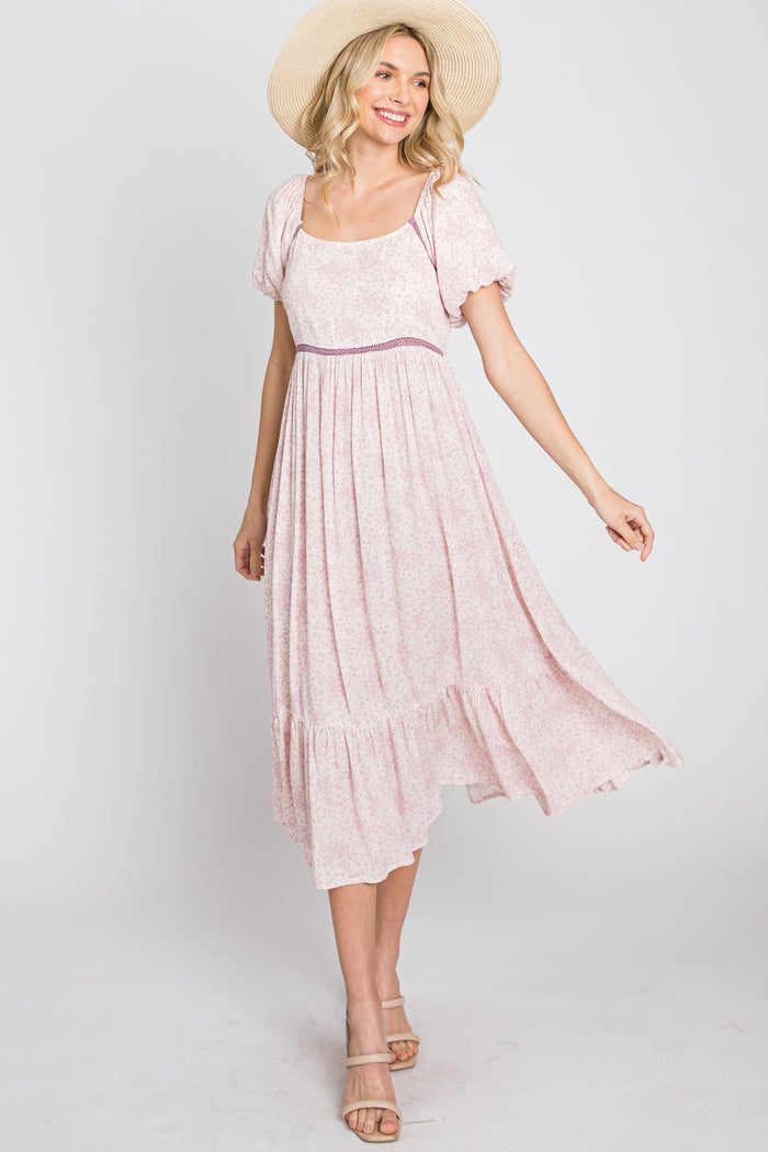 Pink Floral Crochet Accent Midi Dress