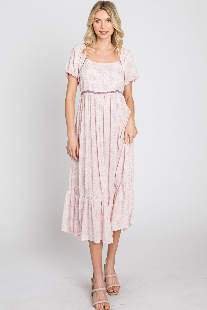 Pink Floral Crochet Accent Midi Dress