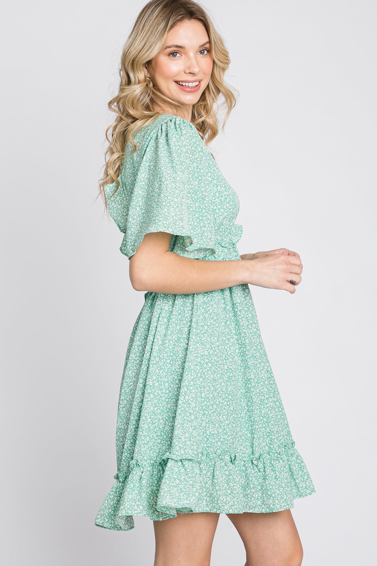 Mint Green Floral Ruffle Accent Cutout Dress