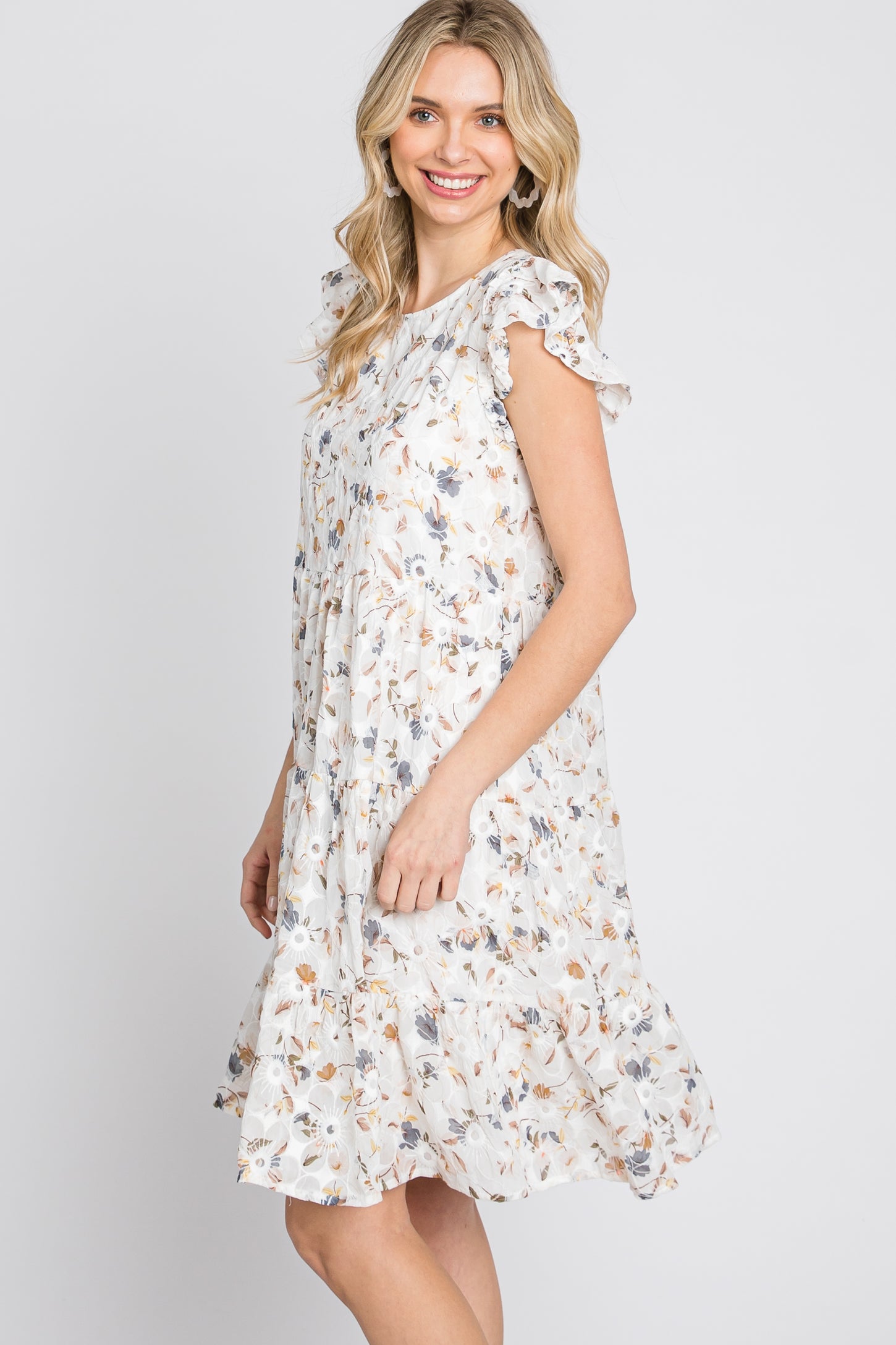 Ivory Floral Embroidered Tiered Dress