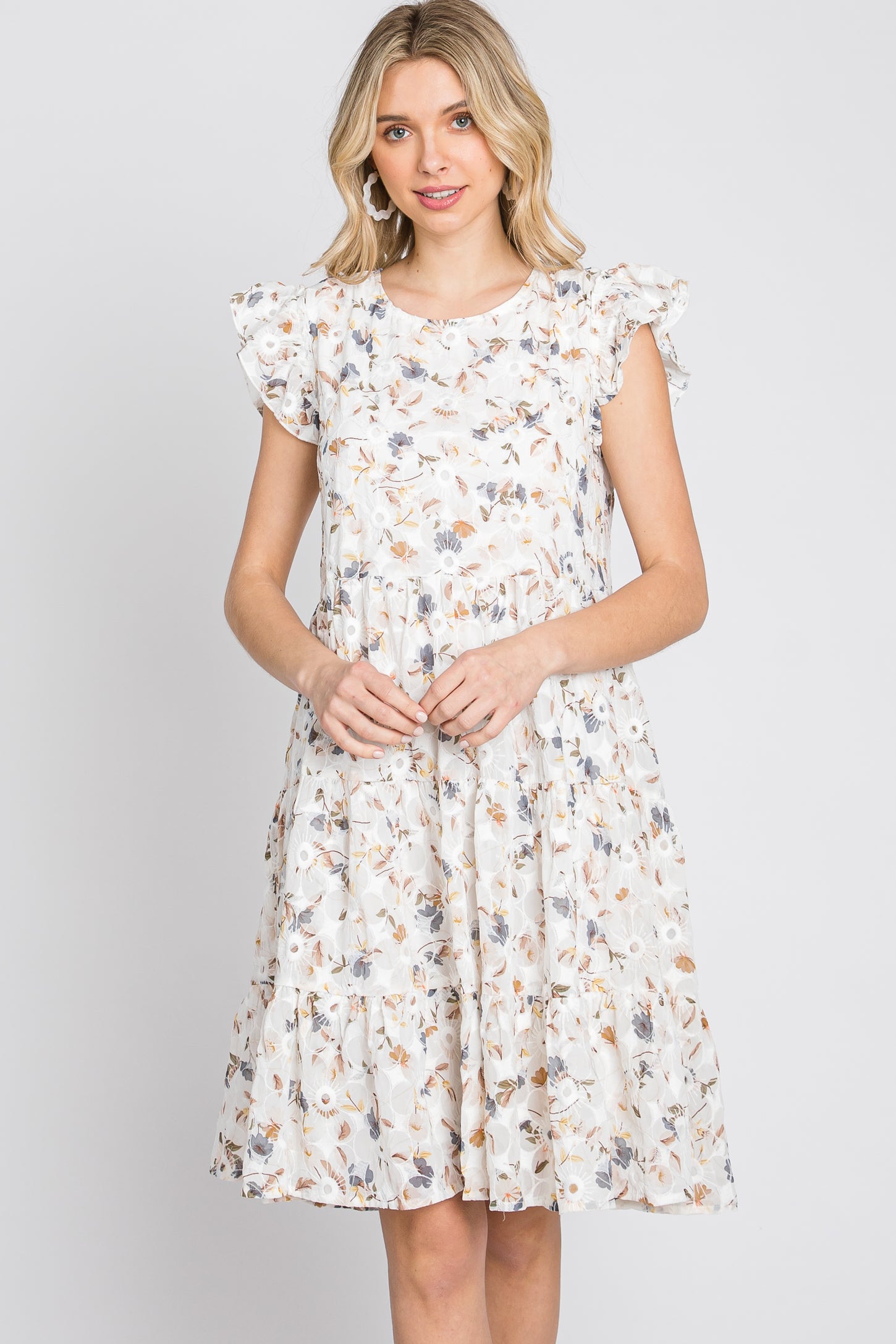 Ivory Floral Embroidered Tiered Dress