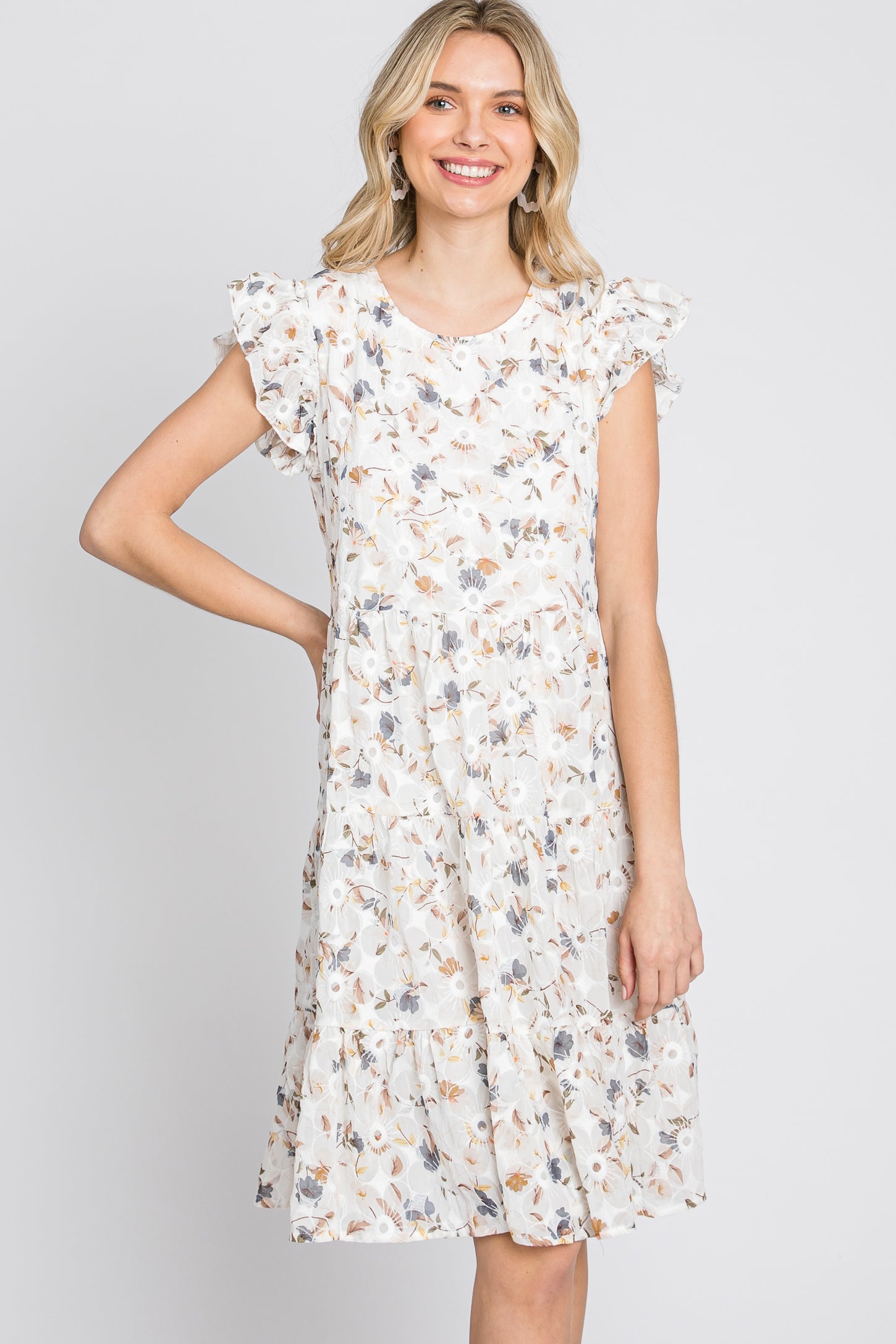 Ivory Floral Embroidered Tiered Dress