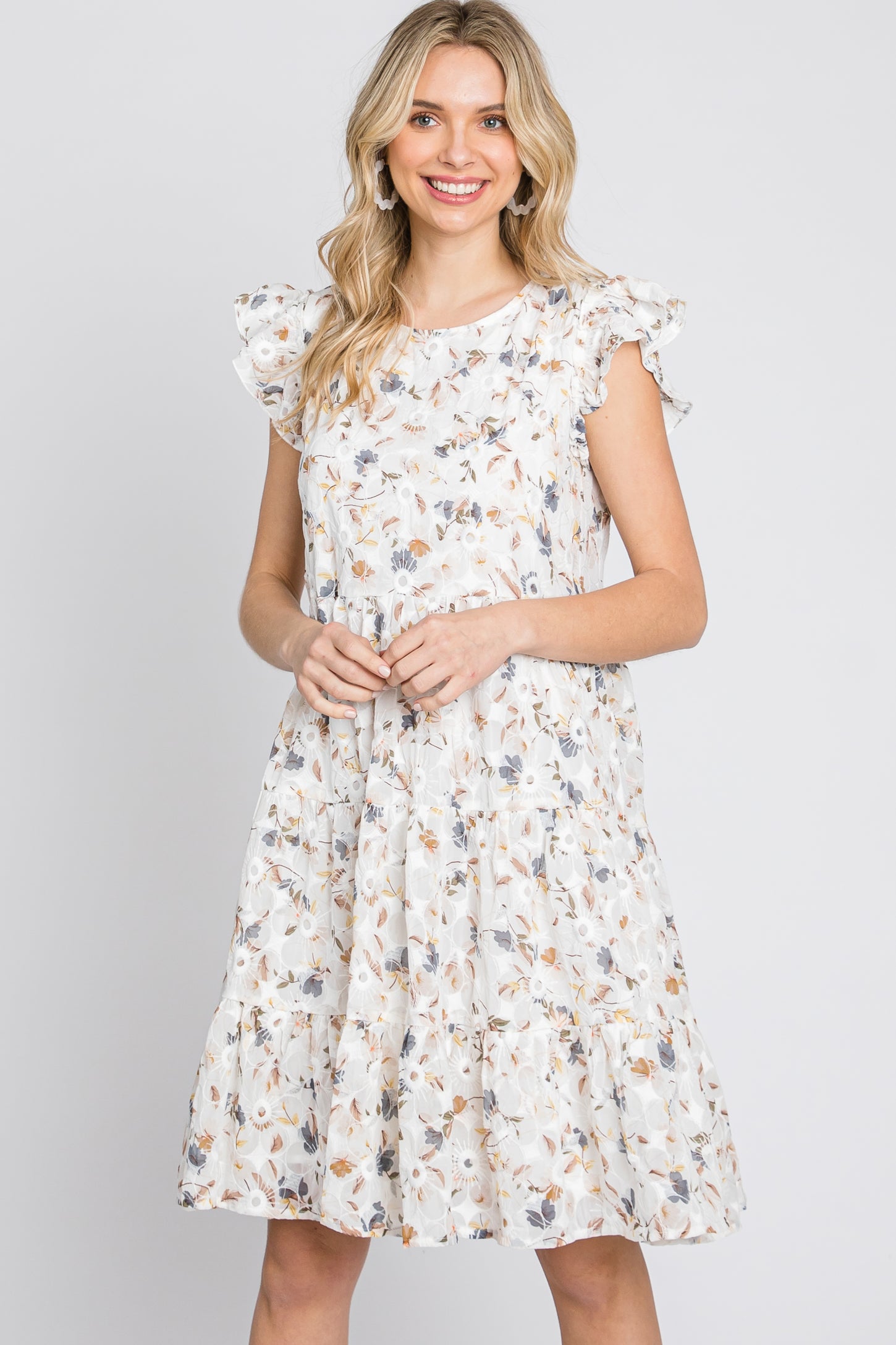 Ivory Floral Embroidered Tiered Dress