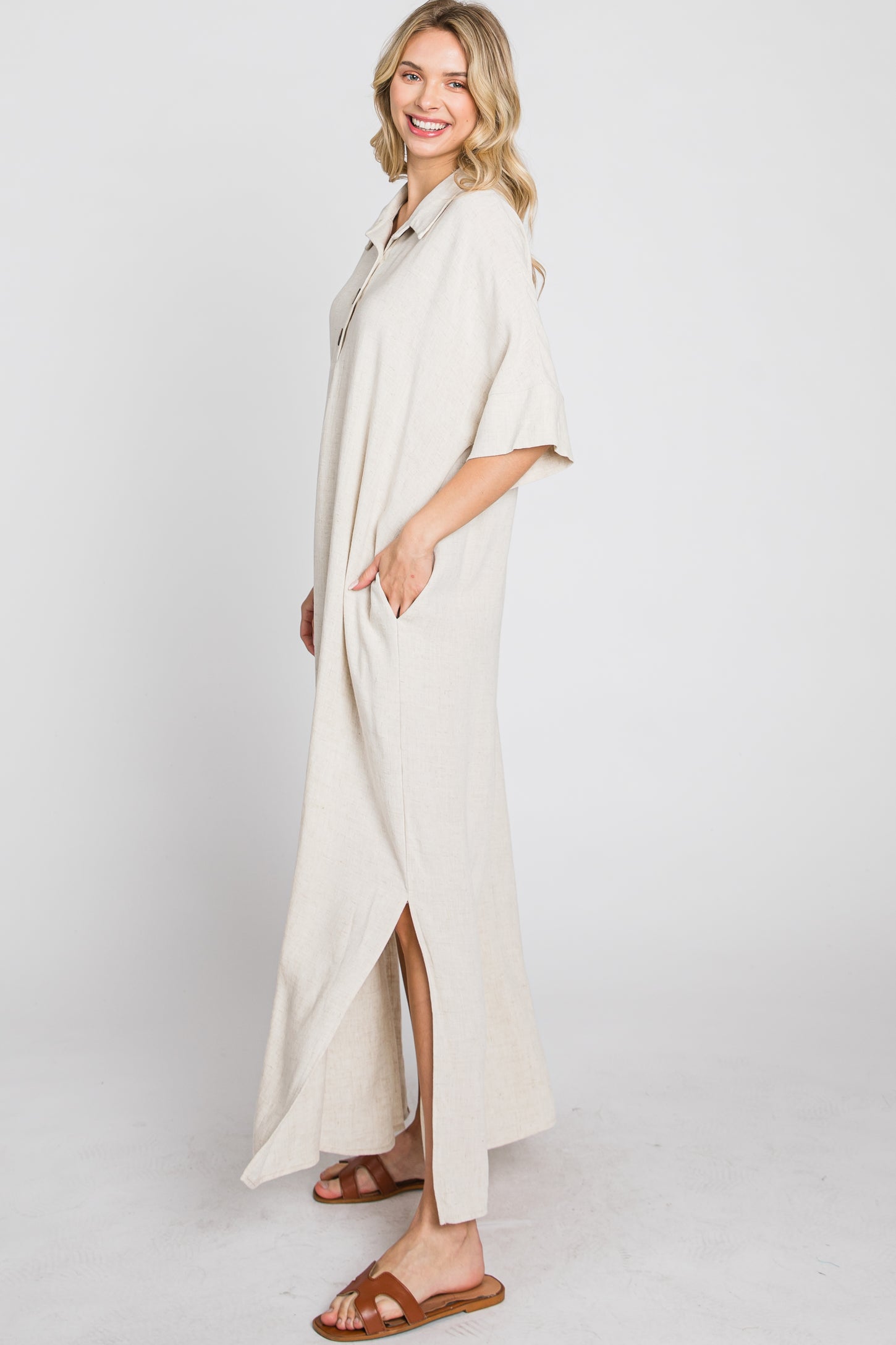 Beige Collared Linen Maxi Dress