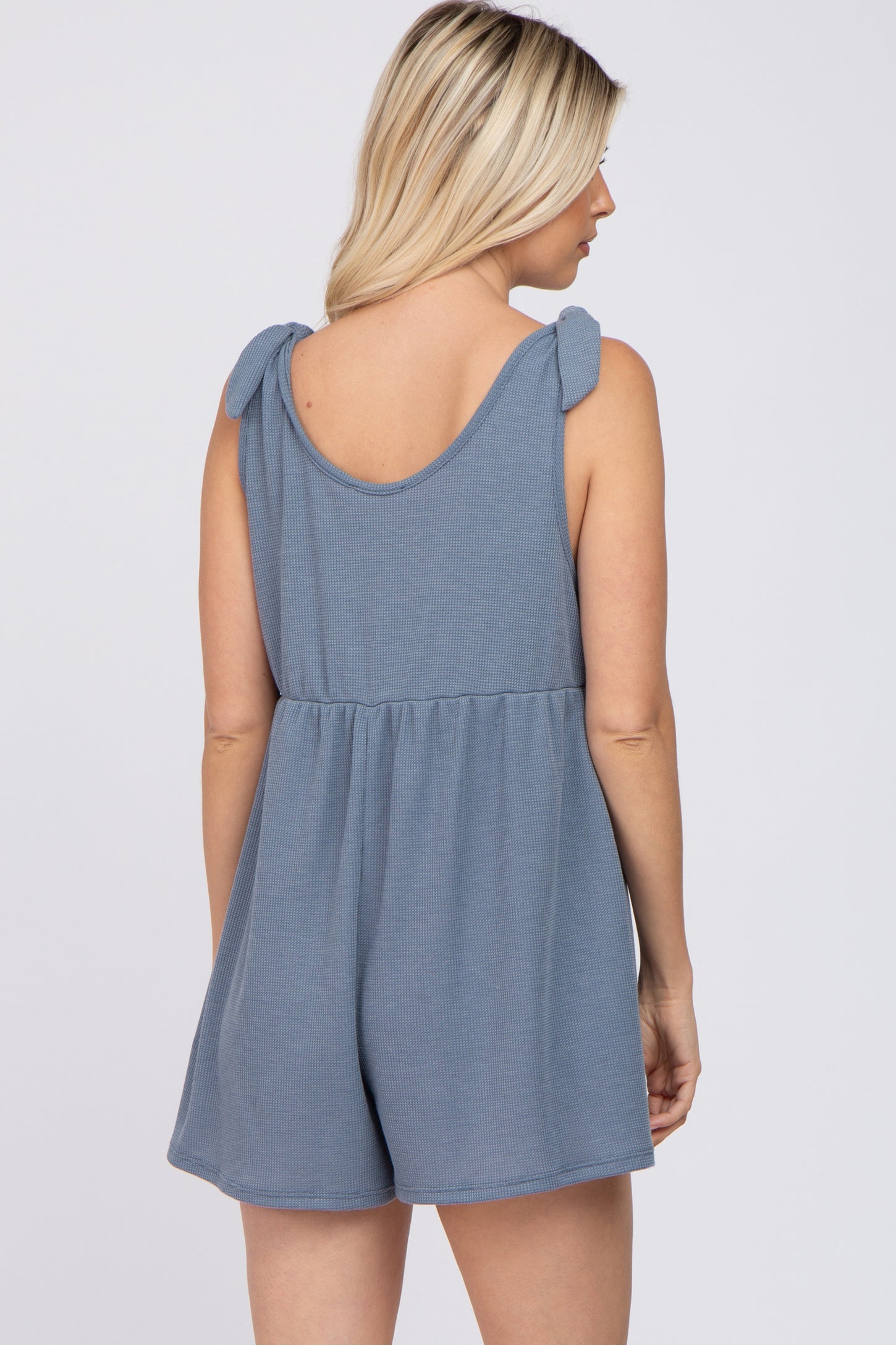 Blue Waffle Knit Shoulder Tie Romper
