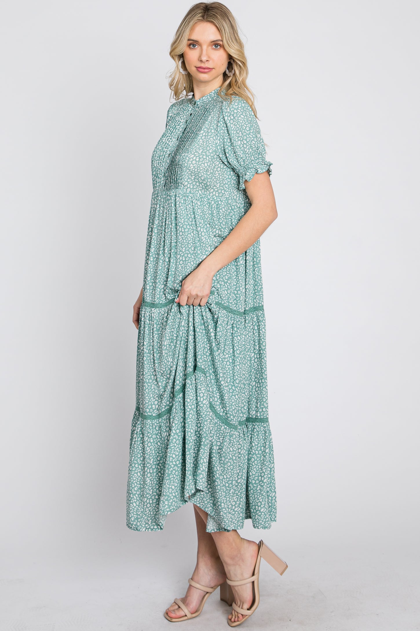 Mint Animal Print Button Front Tiered Midi Dress