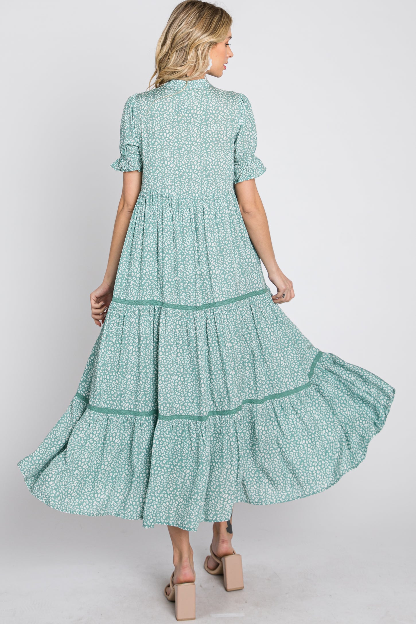 Mint Animal Print Button Front Tiered Midi Dress