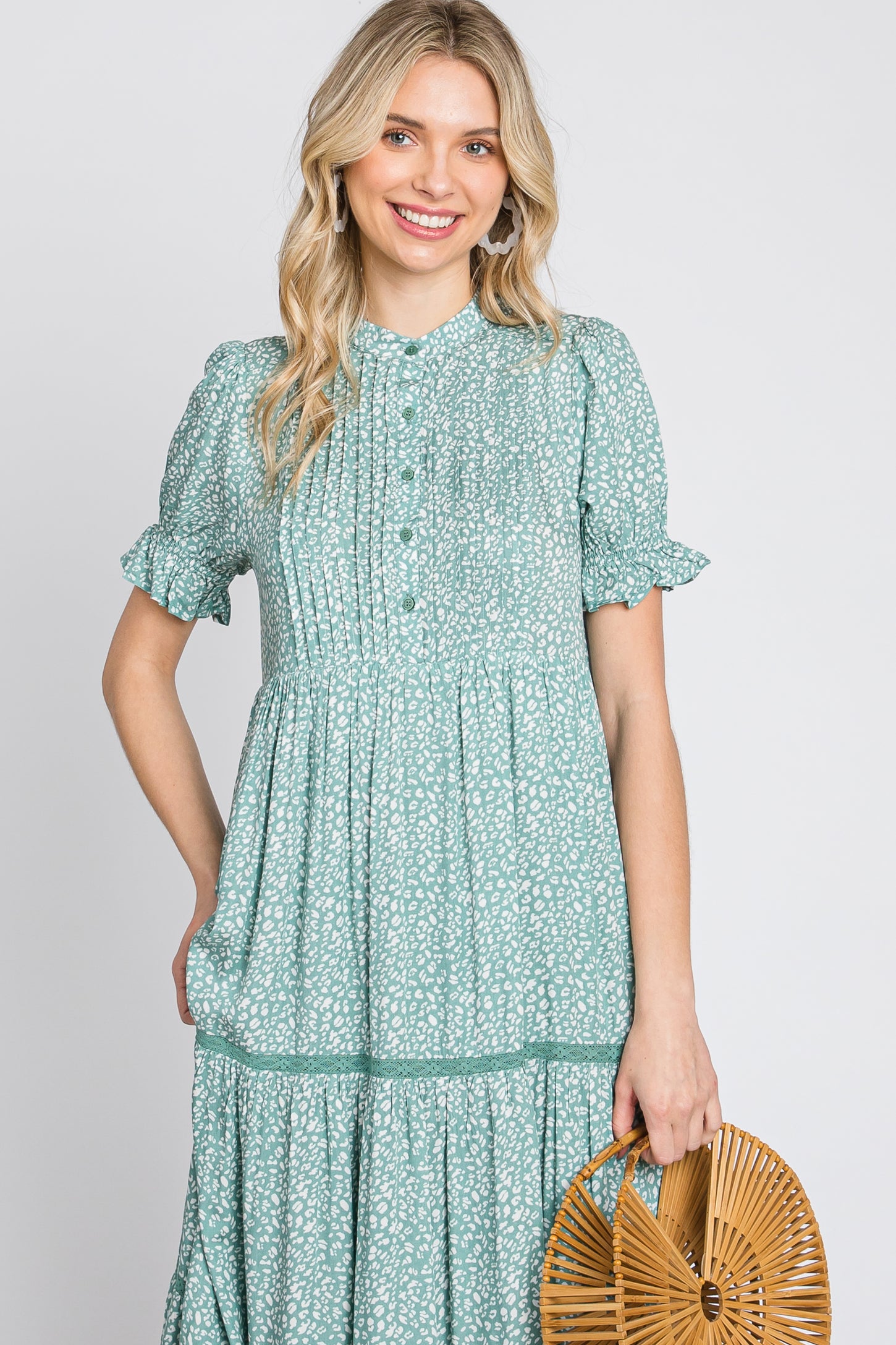 Mint Animal Print Button Front Tiered Midi Dress