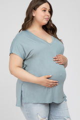 Blue V-Neck Oversized Maternity Plus Short Sleeve Top
