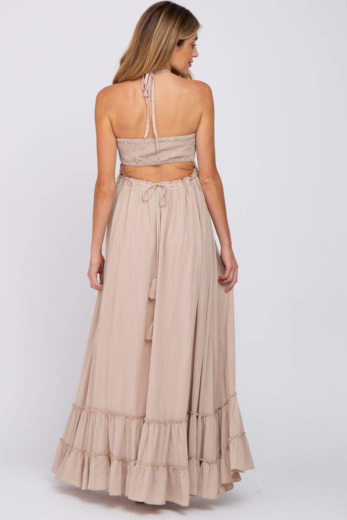 Beige Halter Neck Cut Out Maternity Maxi Dress