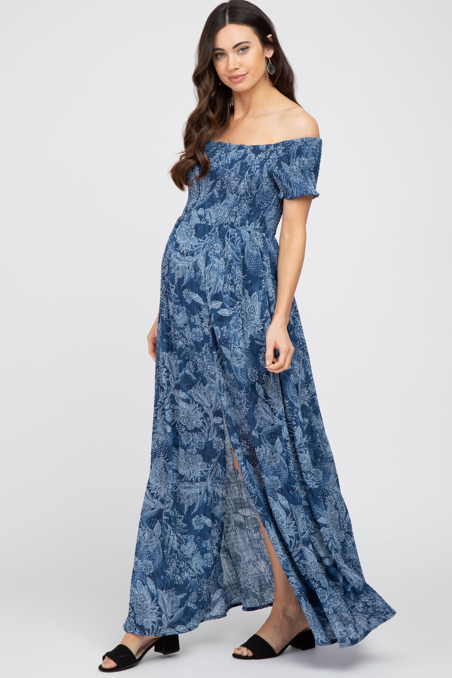 Navy Floral Off Shoulder Smocked Maternity Maxi Dress