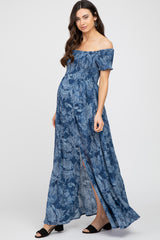 Navy Floral Off Shoulder Smocked Maternity Maxi Dress