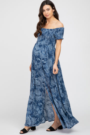Navy Floral Off Shoulder Smocked Maternity Maxi Dress
