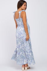 Blue Floral Smocked Tiered Maternity Maxi Dress