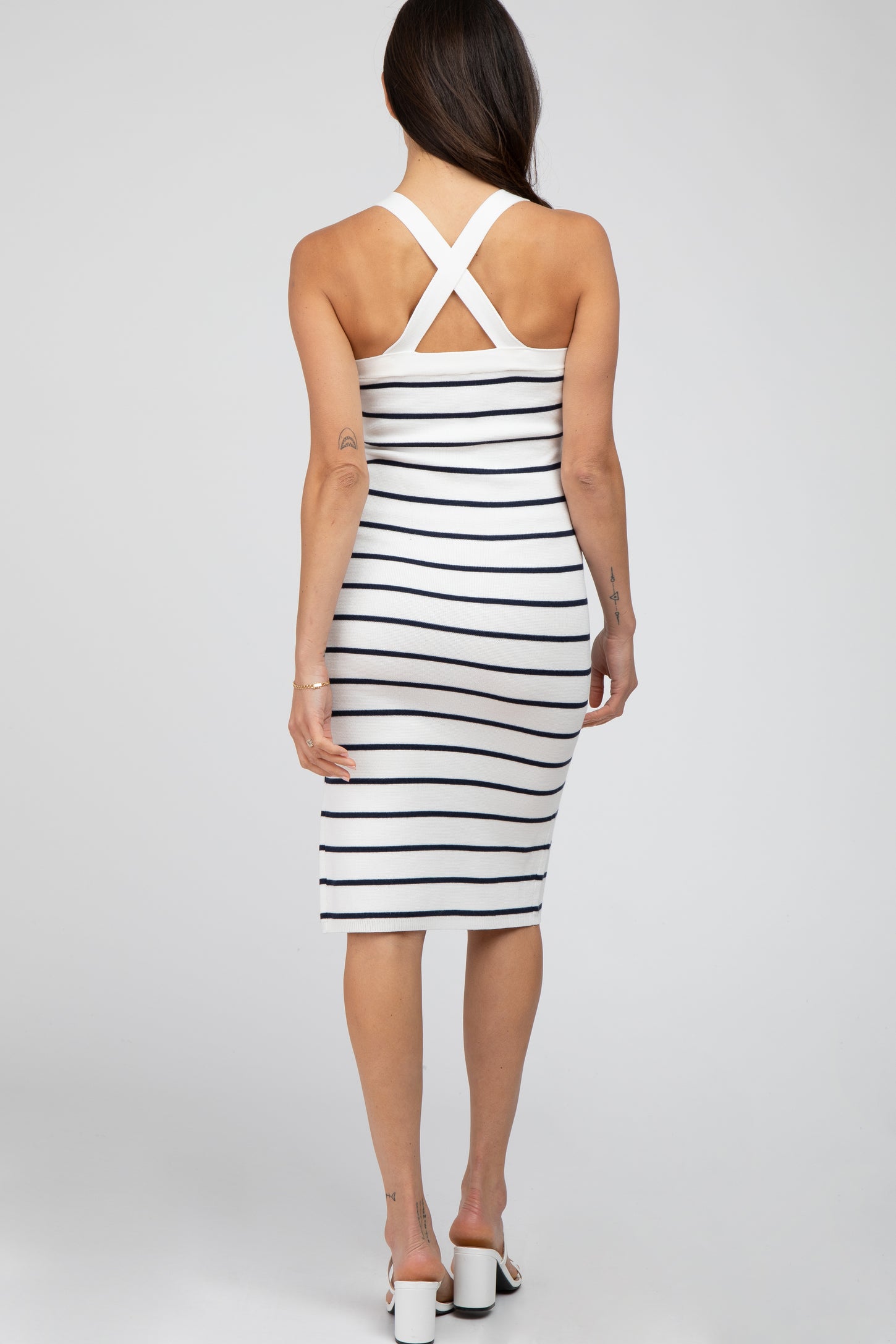 White Striped Side Slit Midi Dress