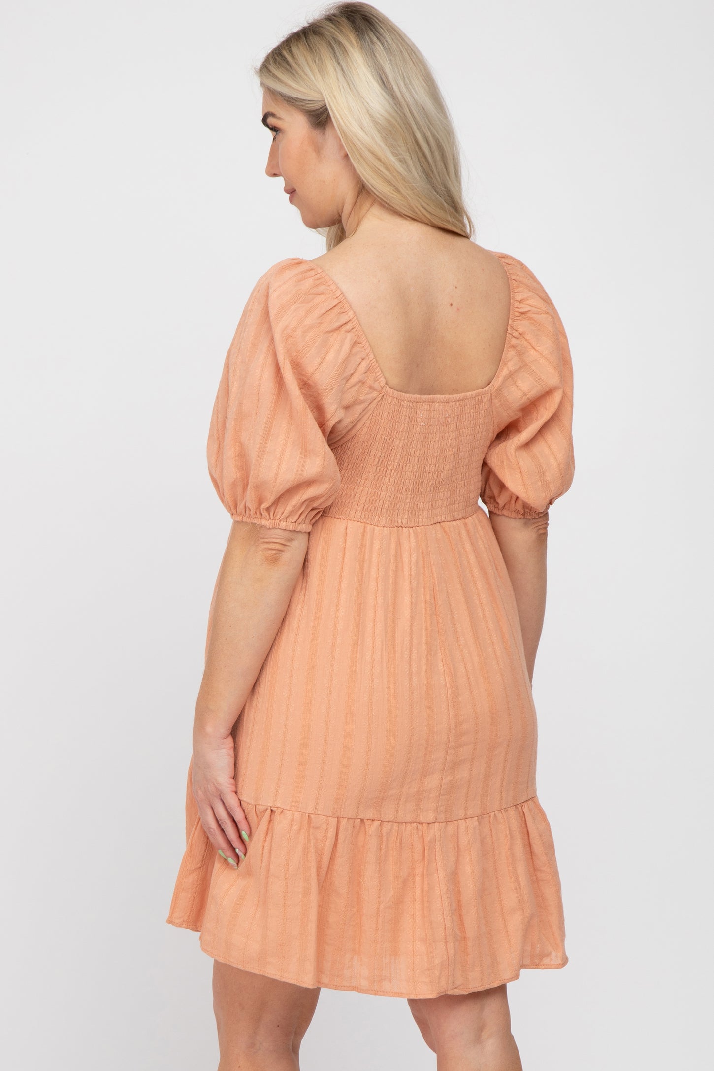 Peach Flower Embroidered Sweetheart Neck Bubble Sleeve Maternity Dress