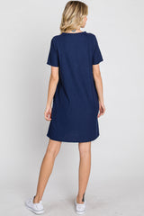 Navy Ribbed Button Accent Dress