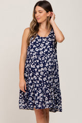 Navy Floral Sleeveless Tiered Maternity Dress