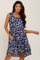 Navy Floral Sleeveless Tiered Dress