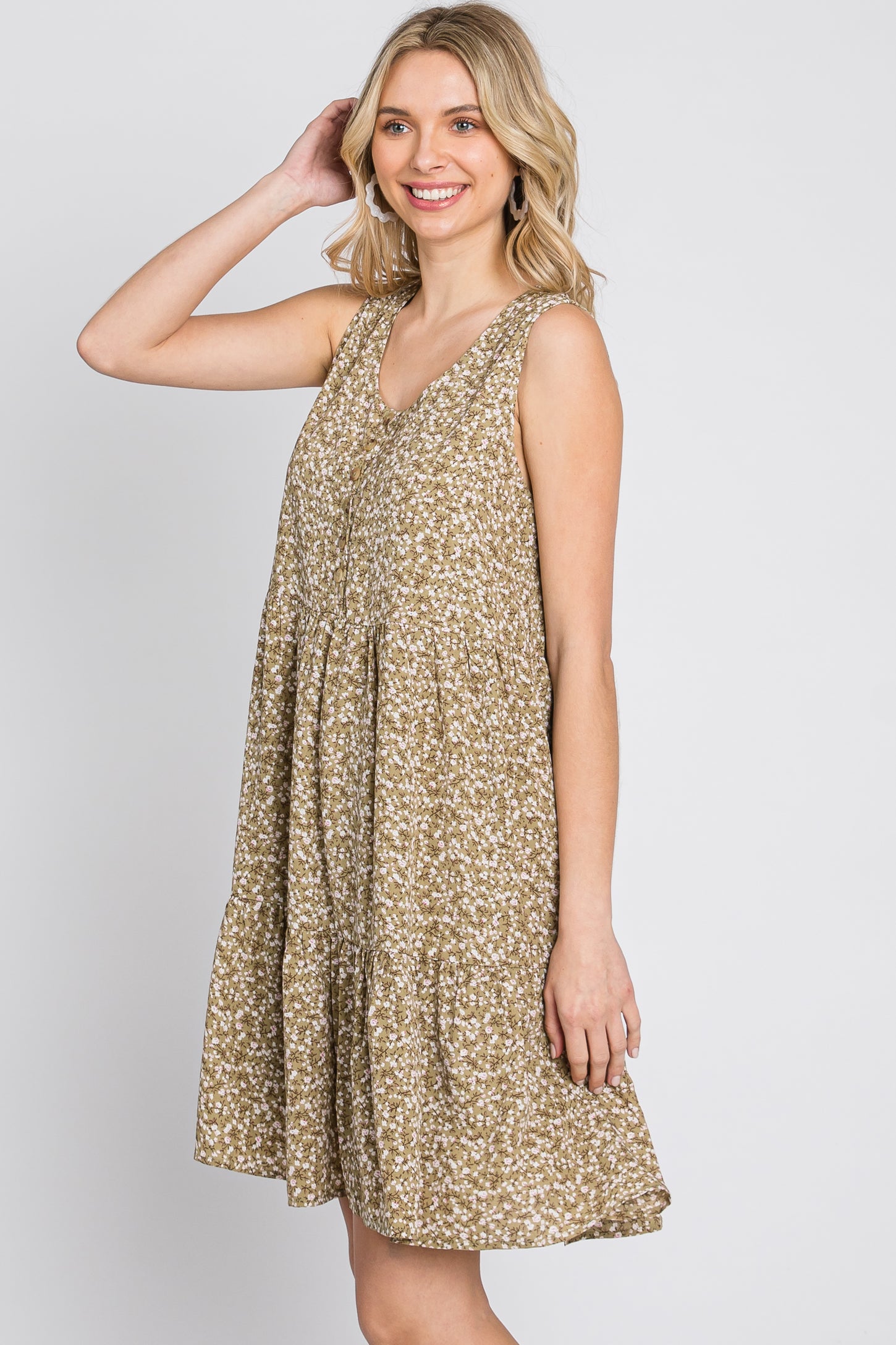 Light Olive Ditsy Floral Button Front Dress