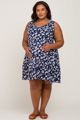 Navy Floral Sleeveless Tiered Maternity Plus Dress