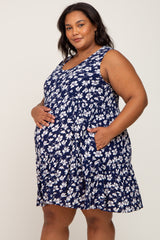 Navy Floral Sleeveless Tiered Maternity Plus Dress