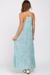 Light Blue Floral Sleeveless Ruffle Hem Maxi Dress