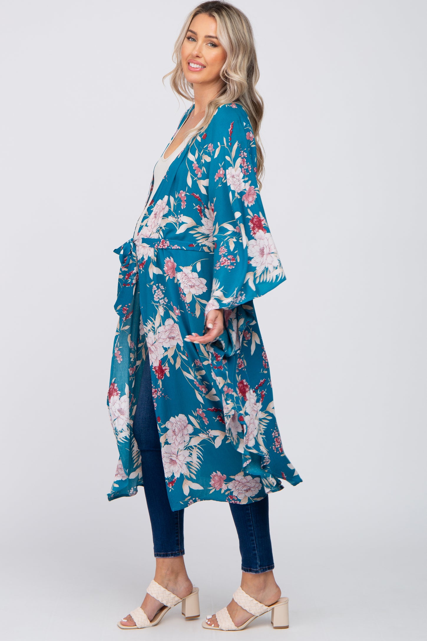 Teal Floral Flowy Round Hem Maternity Cover-Up