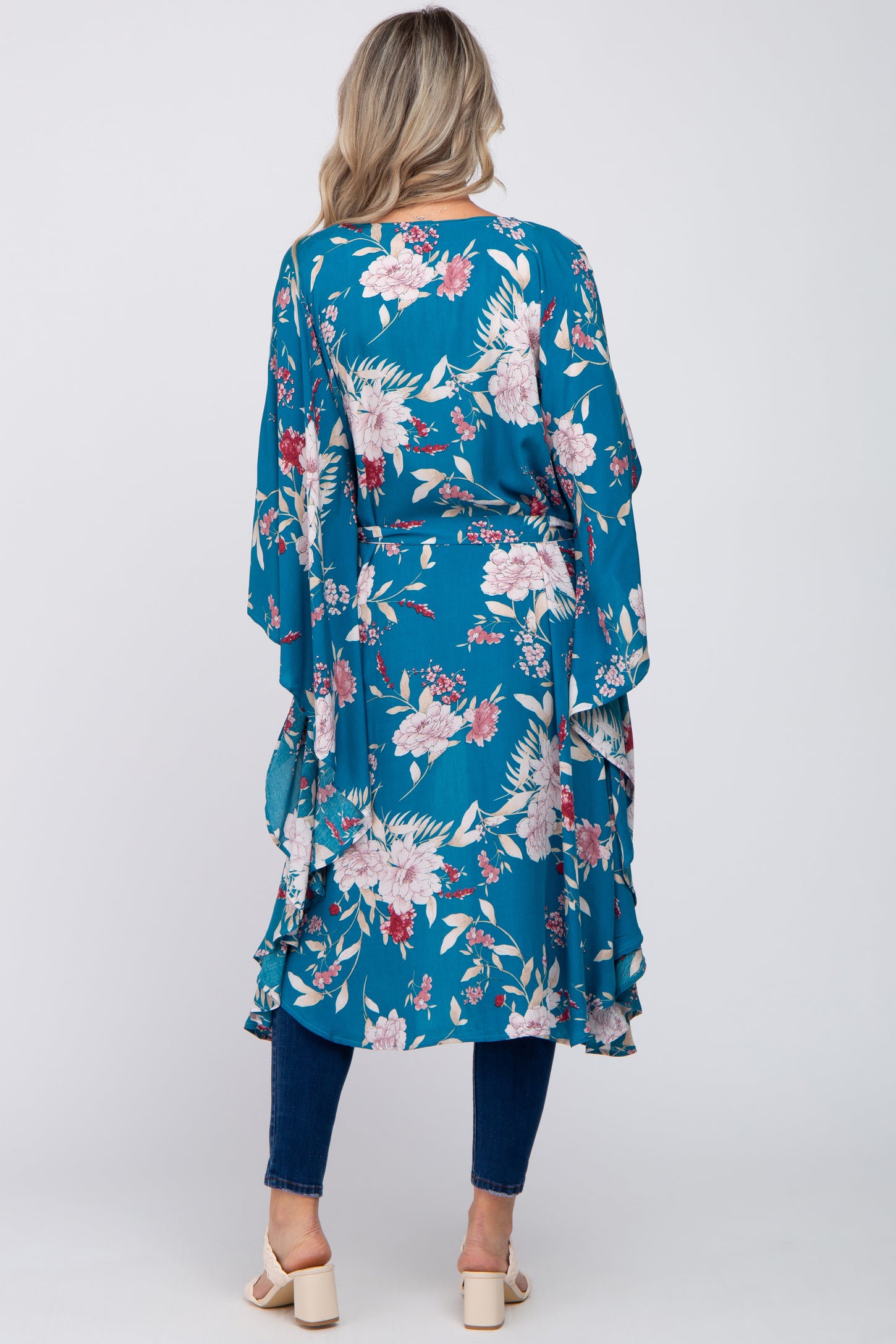 Teal Floral Flowy Round Hem Maternity Cover-Up