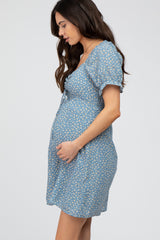 Blue Floral Cinched Sweetheart Neck Maternity Dress