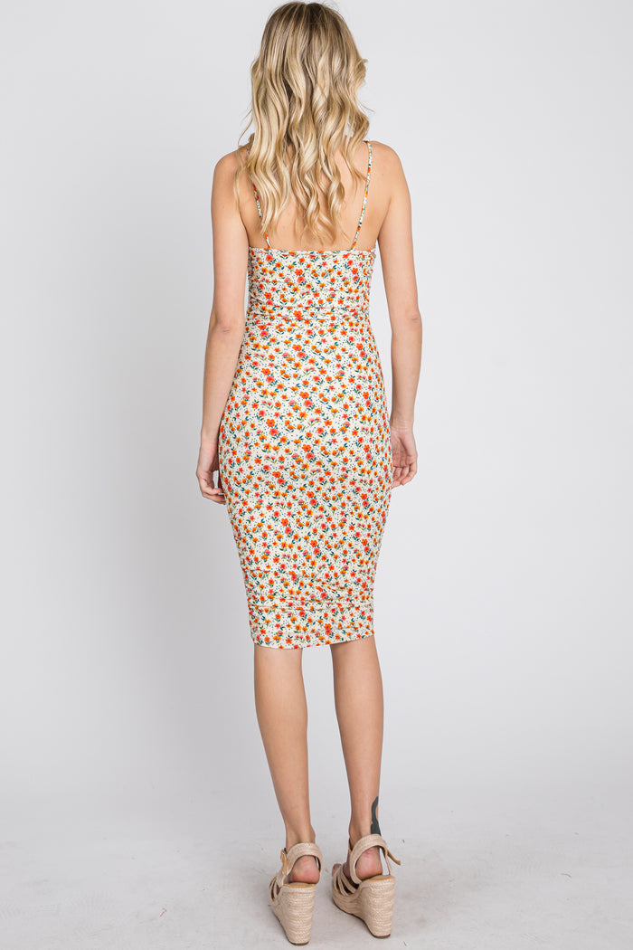 Ivory Floral Ribbed Fitted Dress